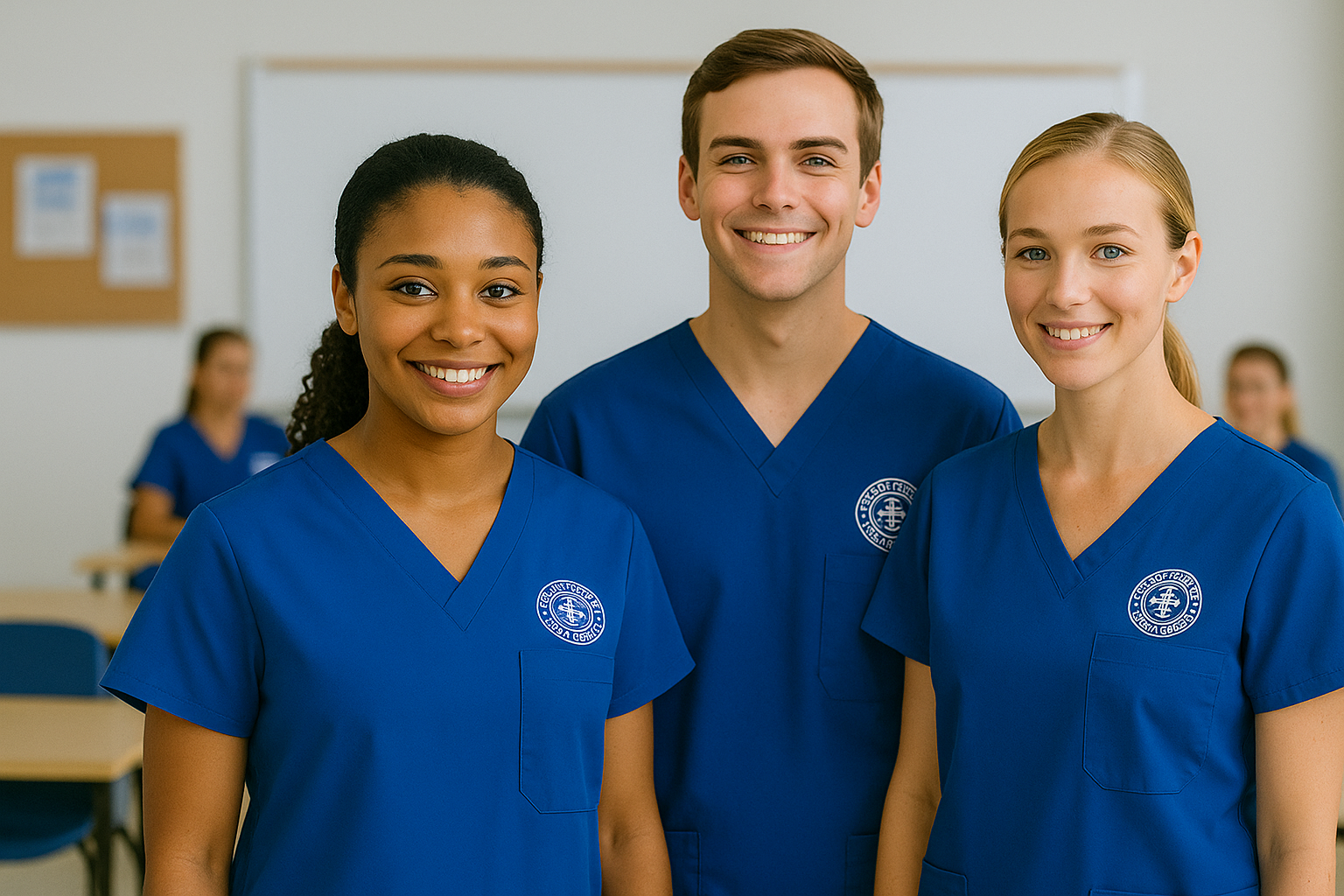 Healthcare cohort wearing matching embroidered scrubs from Emblem Edge Uniforms