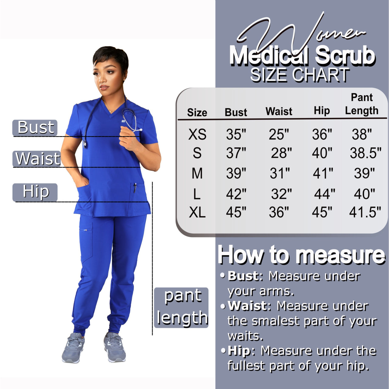 Scrub sizing measurement diagram for nursing and healthcare students showing how to measure chest, waist, hips, and inseam